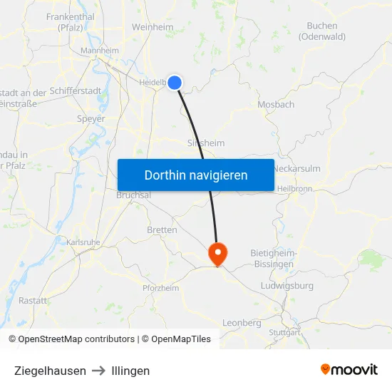 Ziegelhausen to Illingen map