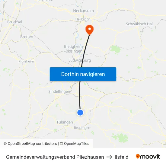 Gemeindeverwaltungsverband Pliezhausen to Ilsfeld map