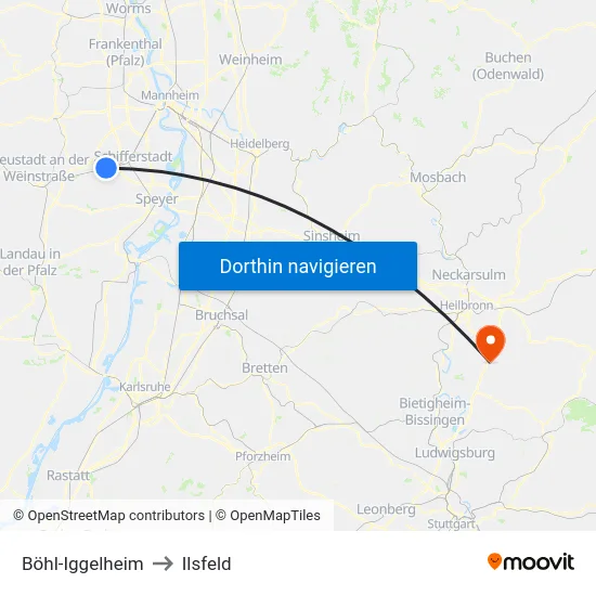 Böhl-Iggelheim to Ilsfeld map