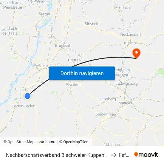 Nachbarschaftsverband Bischweier-Kuppenheim to Ilsfeld map