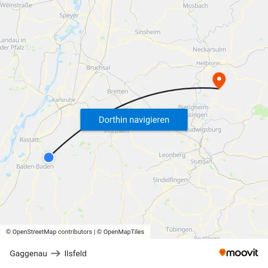 Gaggenau to Ilsfeld map