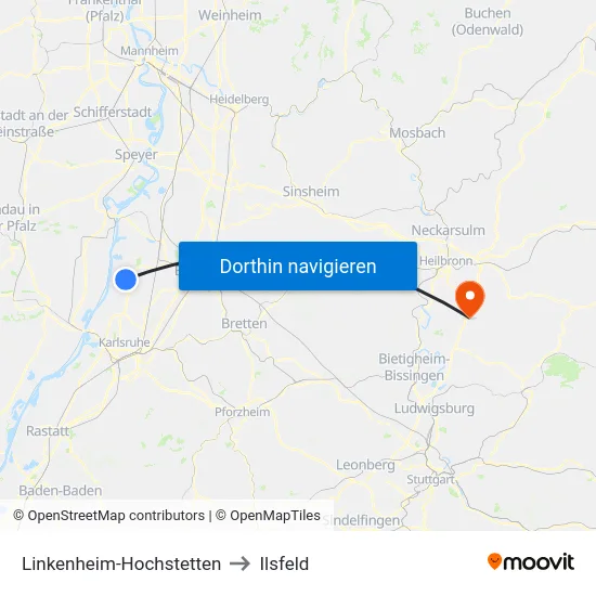 Linkenheim-Hochstetten to Ilsfeld map