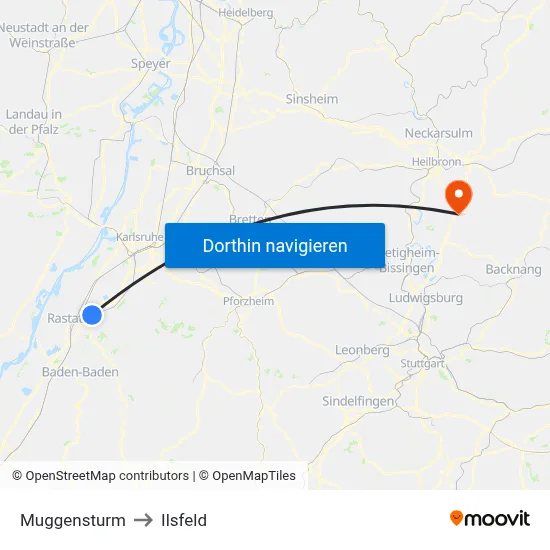 Muggensturm to Ilsfeld map