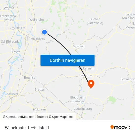 Wilhelmsfeld to Ilsfeld map