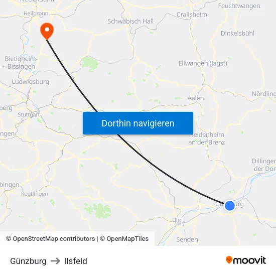 Günzburg to Ilsfeld map