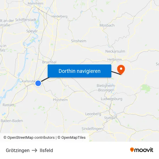 Grötzingen to Ilsfeld map