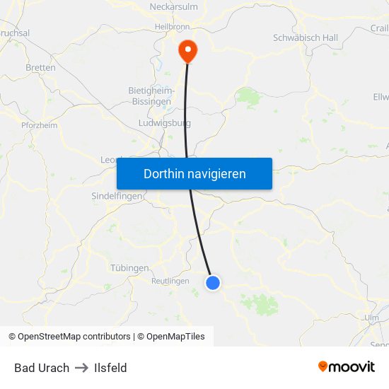 Bad Urach to Ilsfeld map