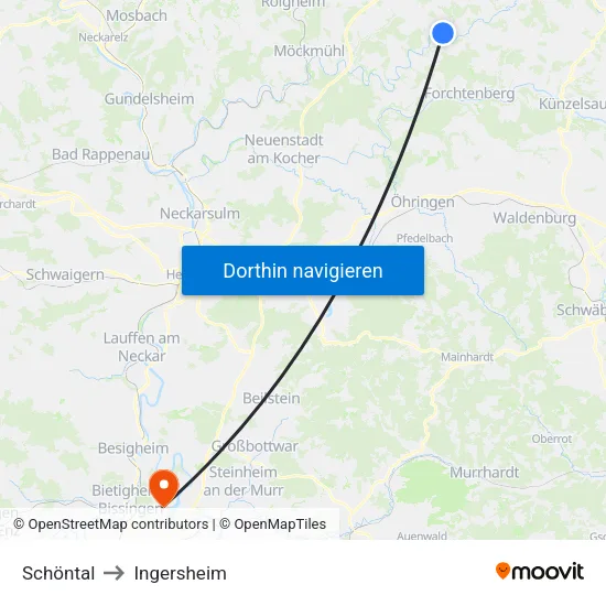 Schöntal to Ingersheim map