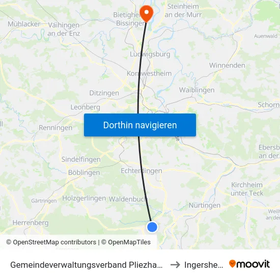 Gemeindeverwaltungsverband Pliezhausen to Ingersheim map