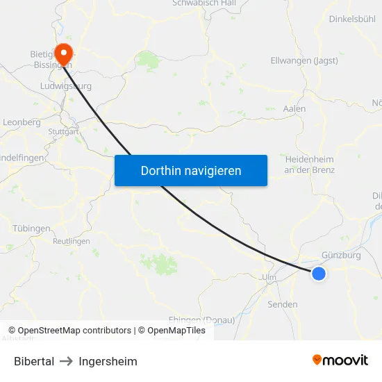 Bibertal to Ingersheim map