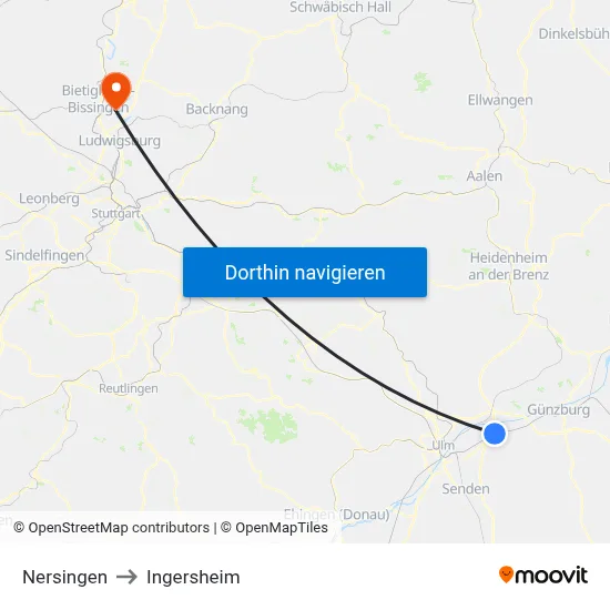 Nersingen to Ingersheim map