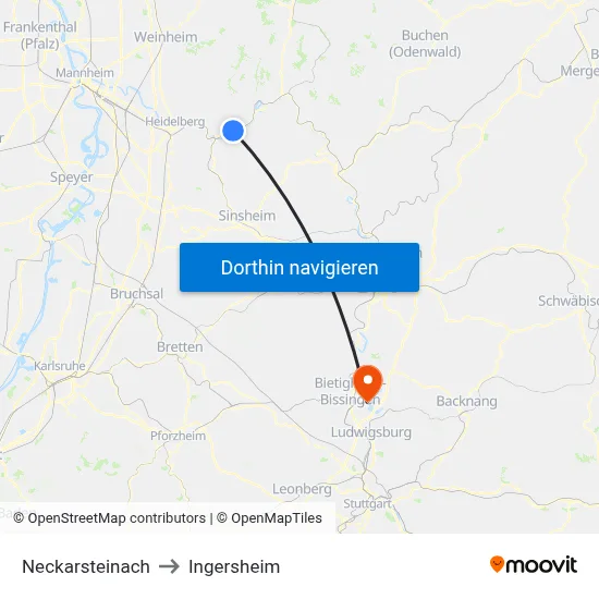 Neckarsteinach to Ingersheim map