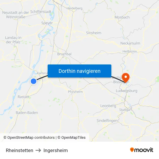 Rheinstetten to Ingersheim map