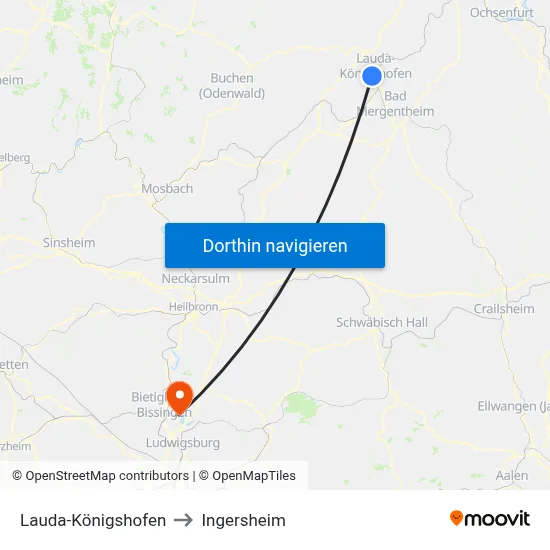 Lauda-Königshofen to Ingersheim map