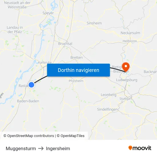 Muggensturm to Ingersheim map