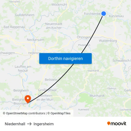 Niedernhall to Ingersheim map