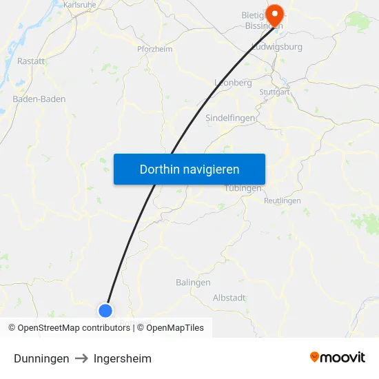 Dunningen to Ingersheim map