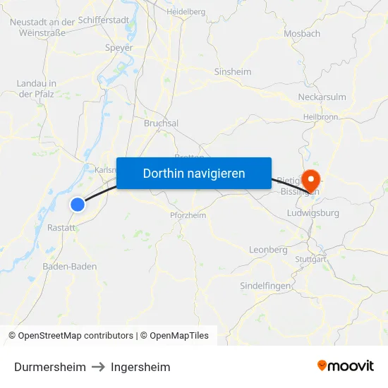 Durmersheim to Ingersheim map