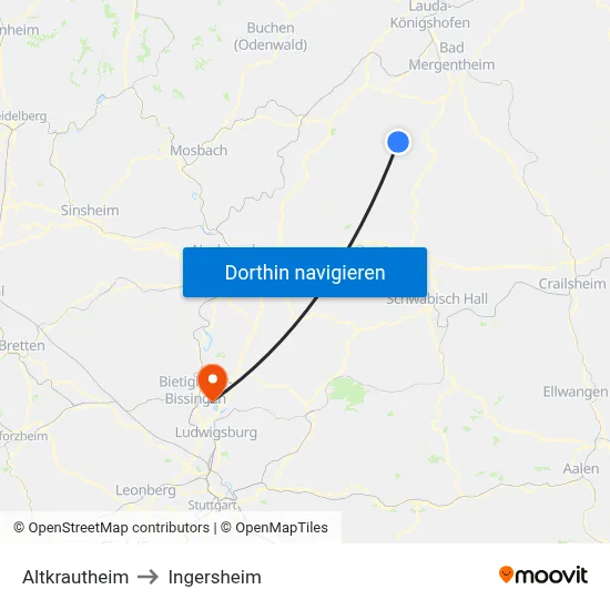Altkrautheim to Ingersheim map