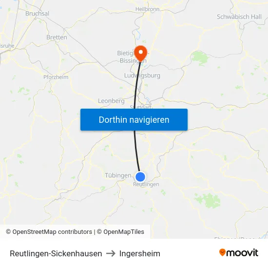 Reutlingen-Sickenhausen to Ingersheim map