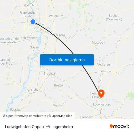Ludwigshafen-Oppau to Ingersheim map