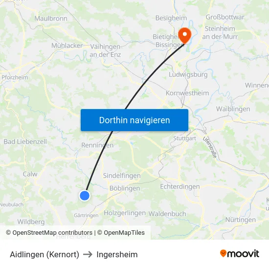 Aidlingen (Kernort) to Ingersheim map