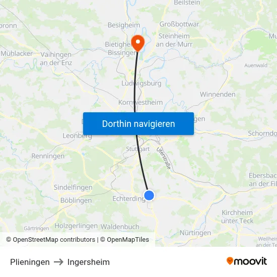 Plieningen to Ingersheim map