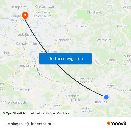 Heiningen to Ingersheim map
