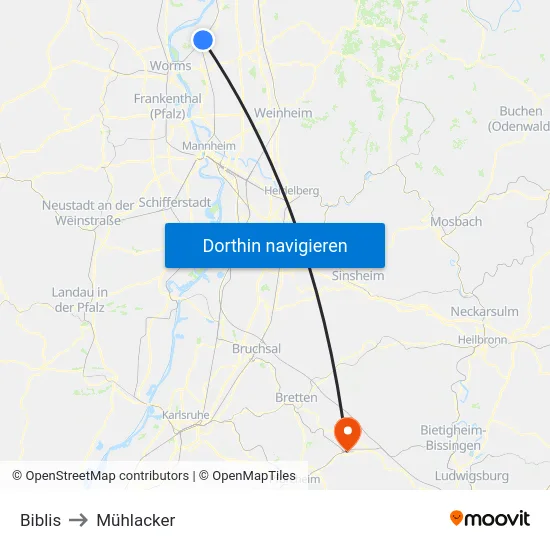 Biblis to Mühlacker map