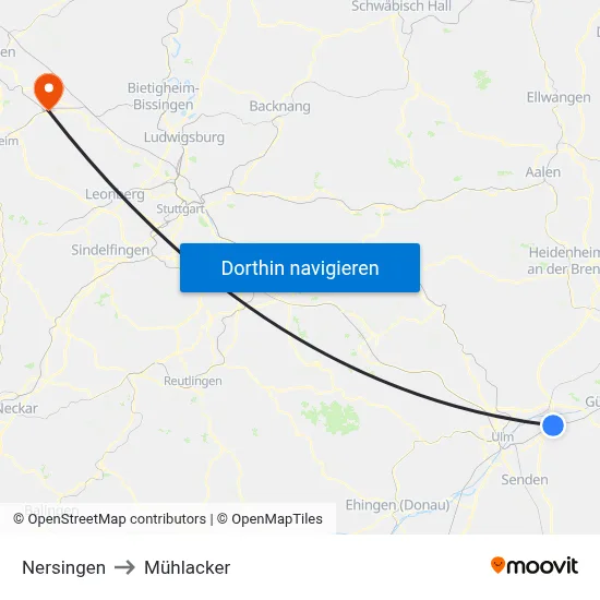 Nersingen to Mühlacker map