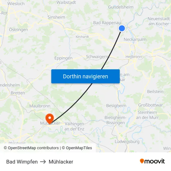 Bad Wimpfen to Mühlacker map