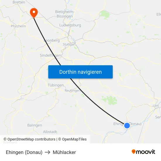 Ehingen (Donau) to Mühlacker map