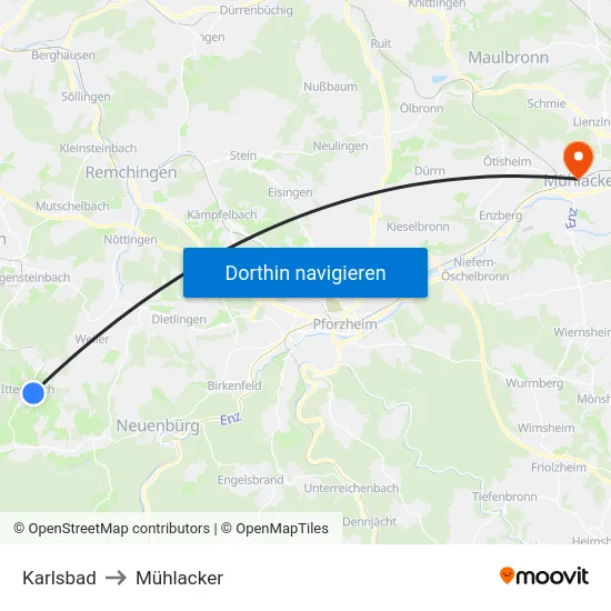 Karlsbad to Mühlacker map