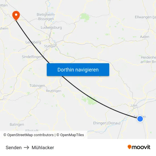 Senden to Mühlacker map