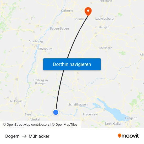 Dogern to Mühlacker map
