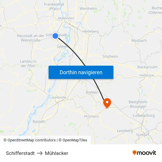 Schifferstadt to Mühlacker map