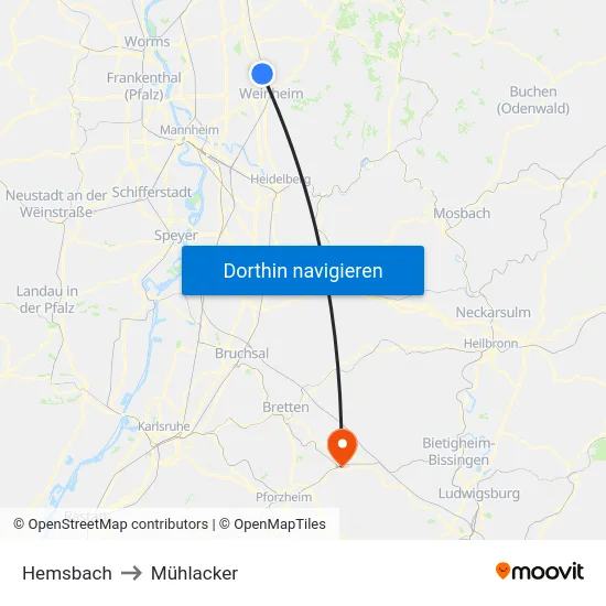 Hemsbach to Mühlacker map