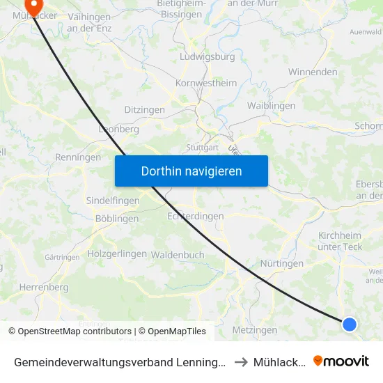 Gemeindeverwaltungsverband Lenningen to Mühlacker map