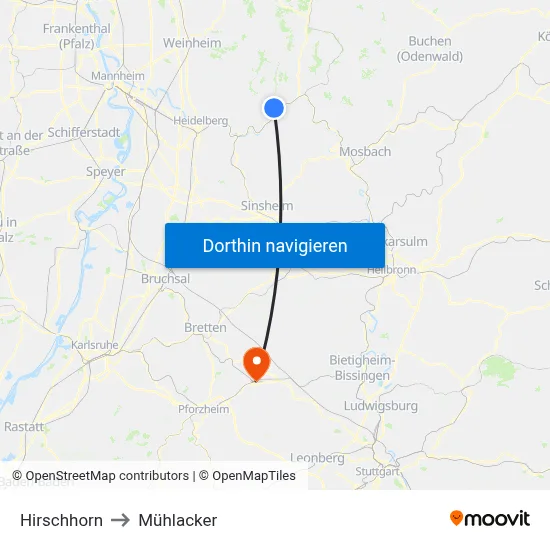 Hirschhorn to Mühlacker map