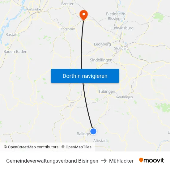 Gemeindeverwaltungsverband Bisingen to Mühlacker map