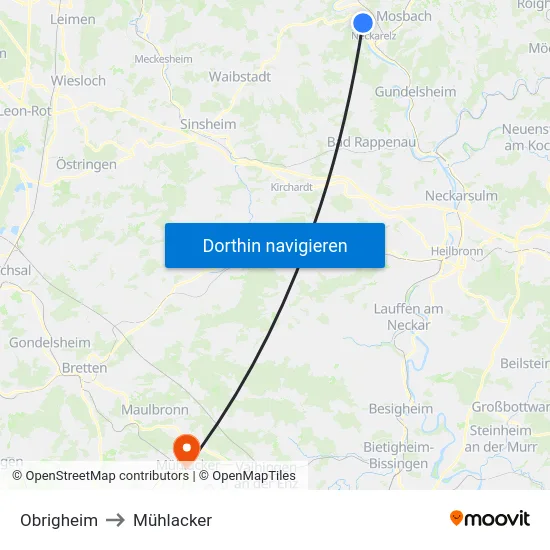 Obrigheim to Mühlacker map