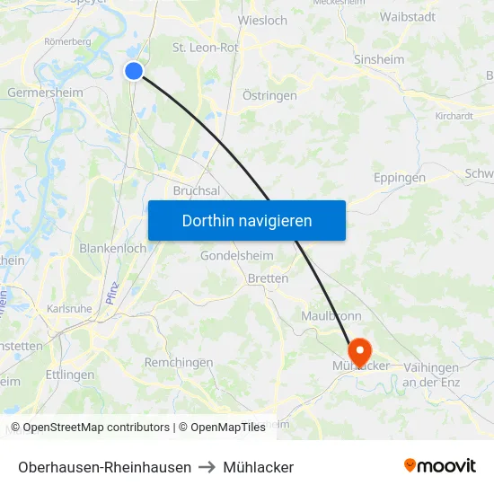 Oberhausen-Rheinhausen to Mühlacker map