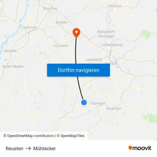 Reusten to Mühlacker map