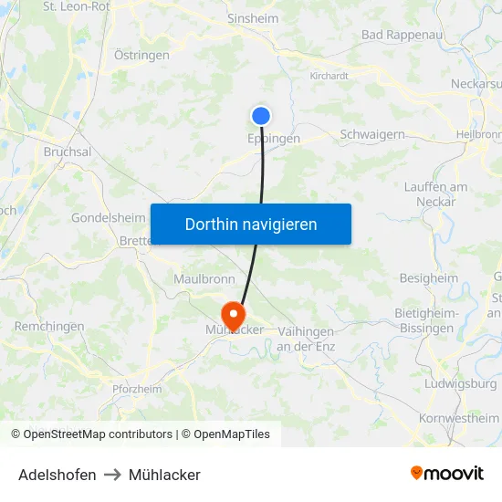 Adelshofen to Mühlacker map