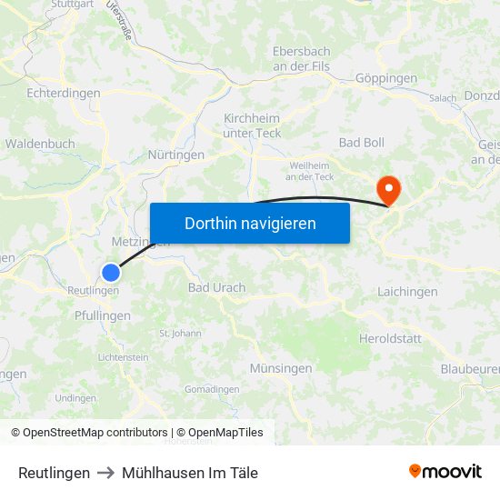 Reutlingen to Mühlhausen Im Täle map