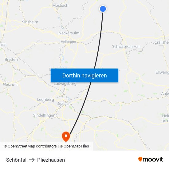 Schöntal to Pliezhausen map