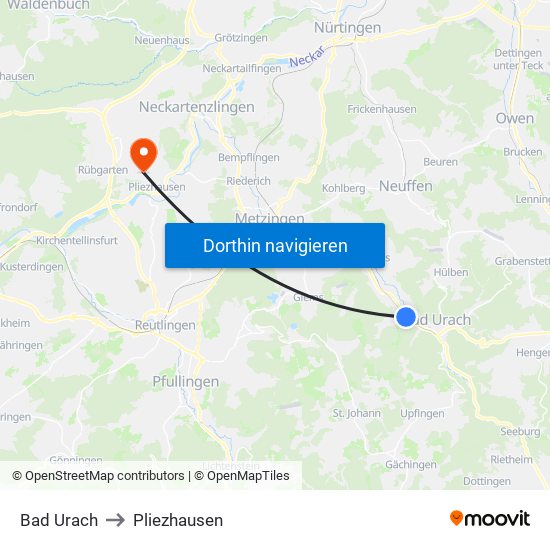 Bad Urach to Pliezhausen map