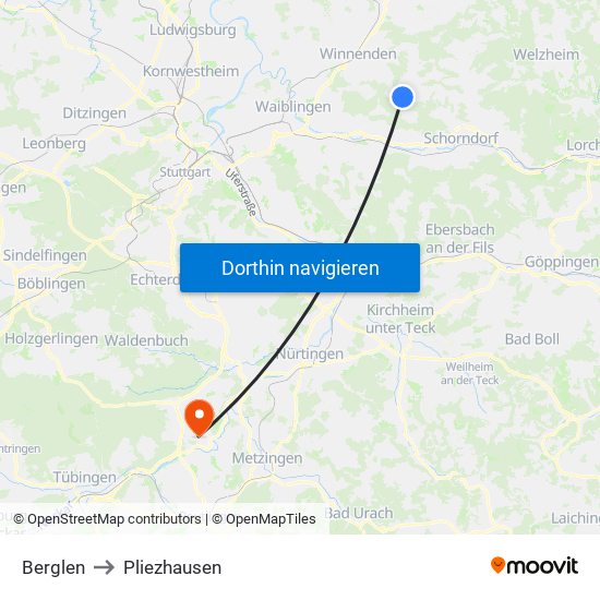 Berglen to Pliezhausen map