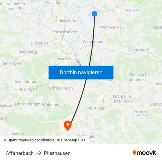Affalterbach to Pliezhausen map