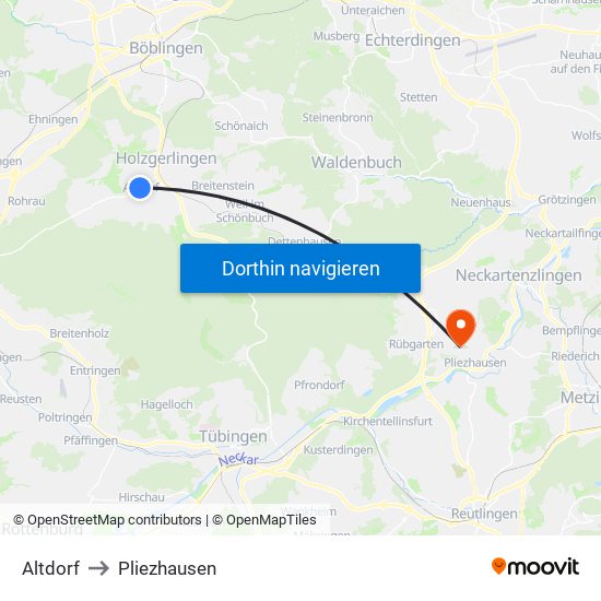 Altdorf to Pliezhausen map